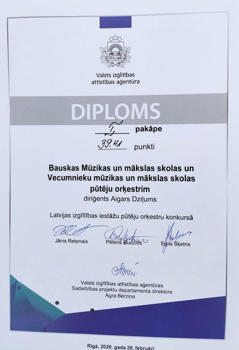 Aigara Dziļuma vadībā orķestris iegūst 1.pakāpi